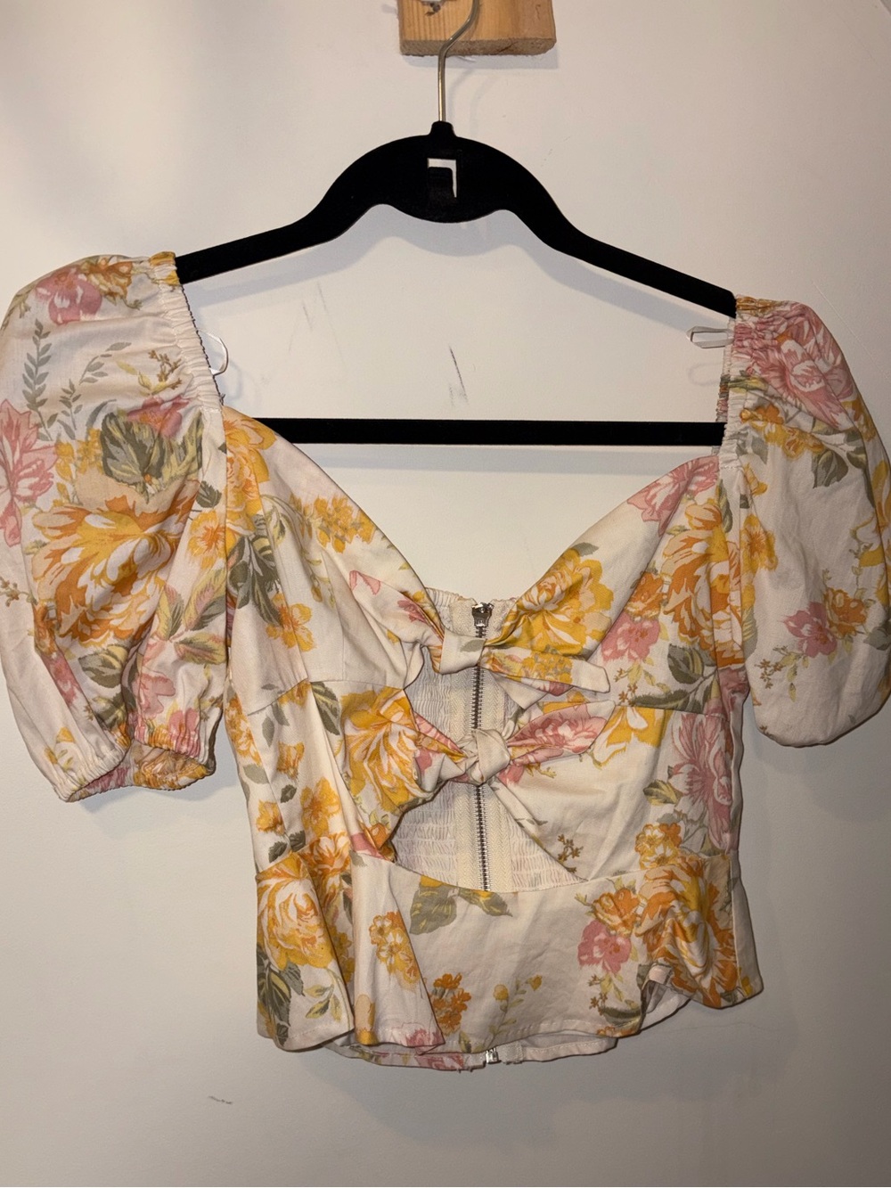 Wayf Floral Puff-Sleeve Bow-Front Blouse in White, Yellow & Pink